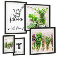 BILDER SET 5er Set - 50x50 cm & 20x30 cm & 40x60 cm Schwarzer Rahmen - Kräuterpflanzen zum Trocknen in der Küche - Schwarz, Kunststoff (40/60cm) - TULUP