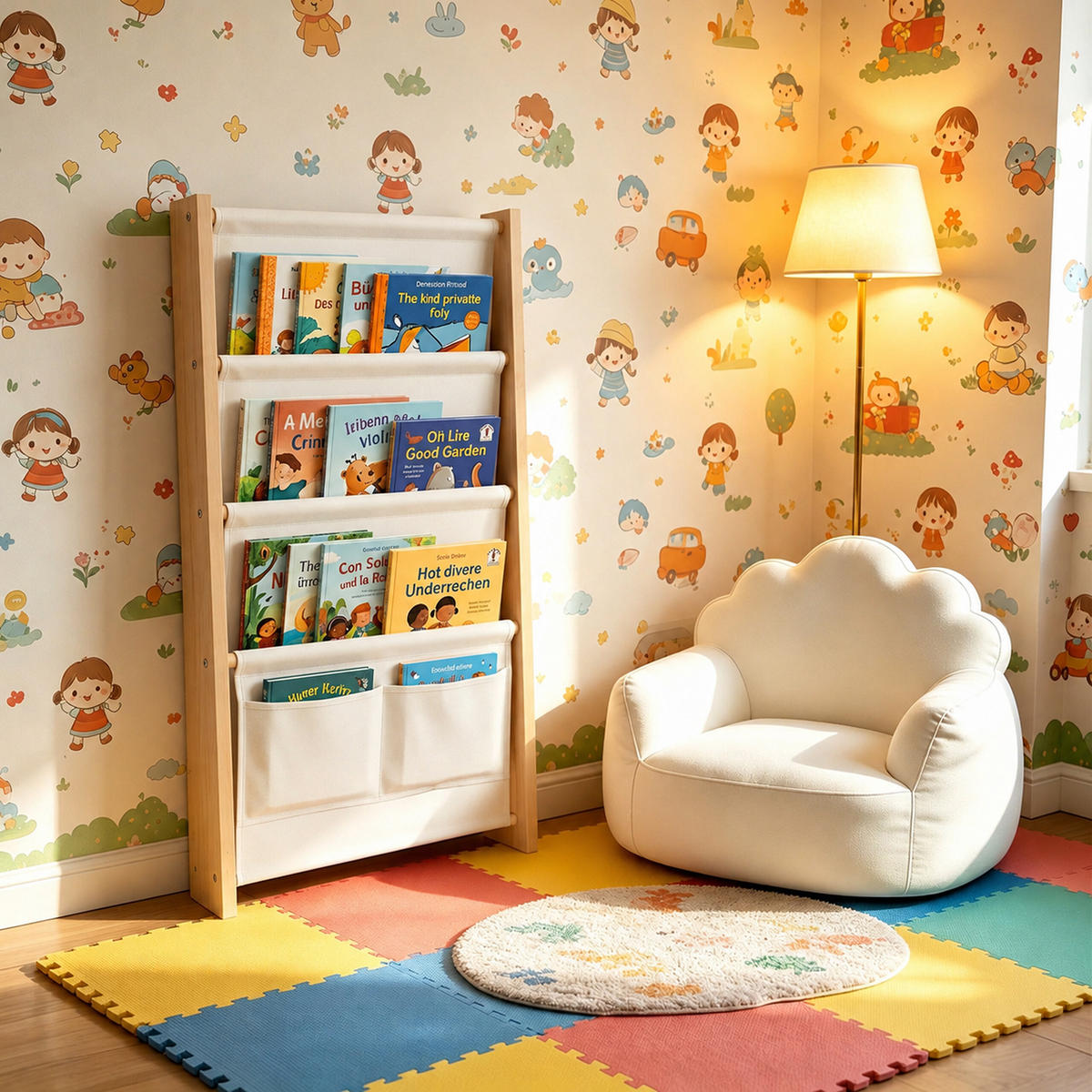 BIBLIOTECĂ natural alb copii - multicolor, compozit lemnos/material textil (44.5/80/6cm) - Relaxdays