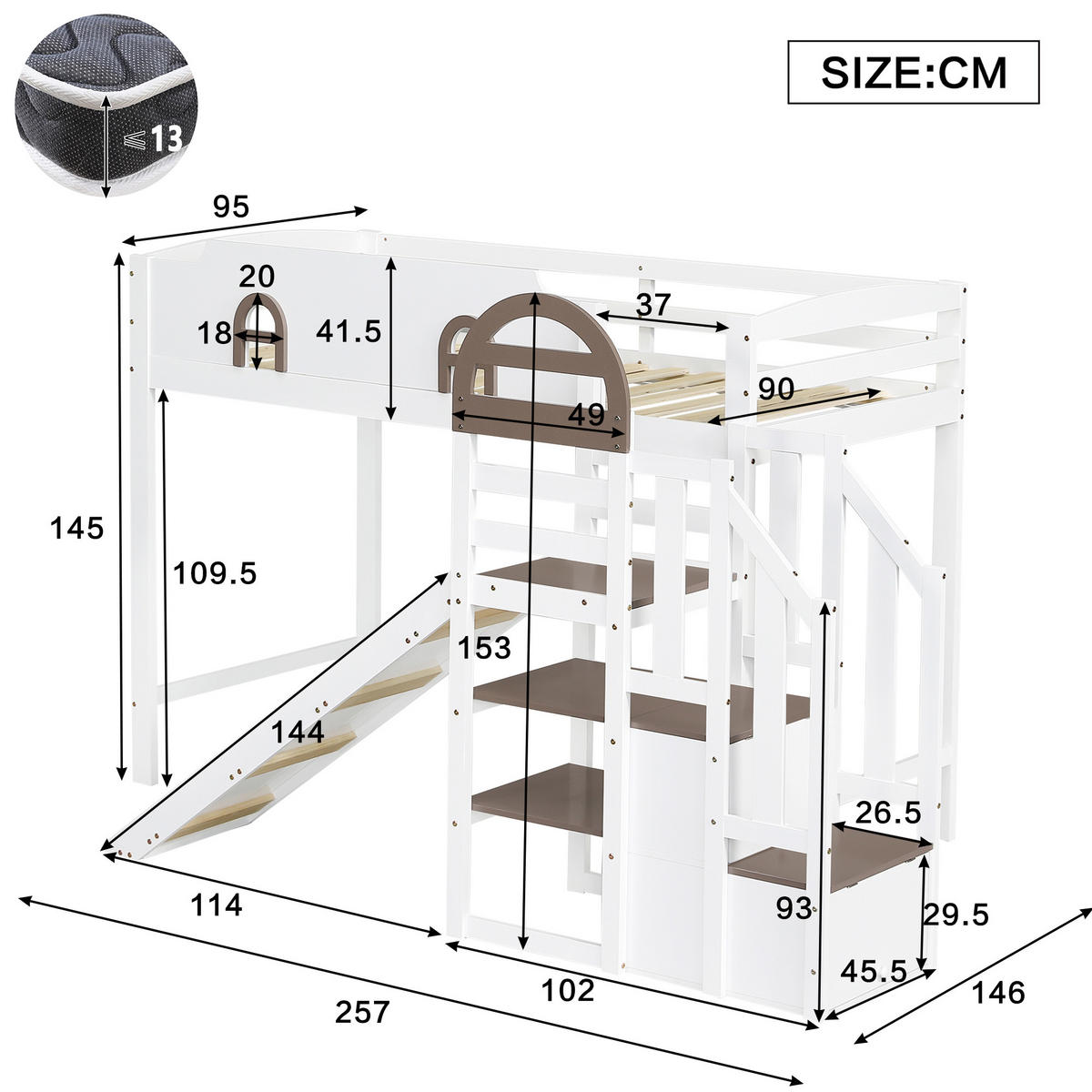 ETAGENBETT 90/200 cm Weiß mit Rutsche und Stauraum aus Kiefer und MDF - Weiß, Holzwerkstoff (90/200cm) - OKWISH