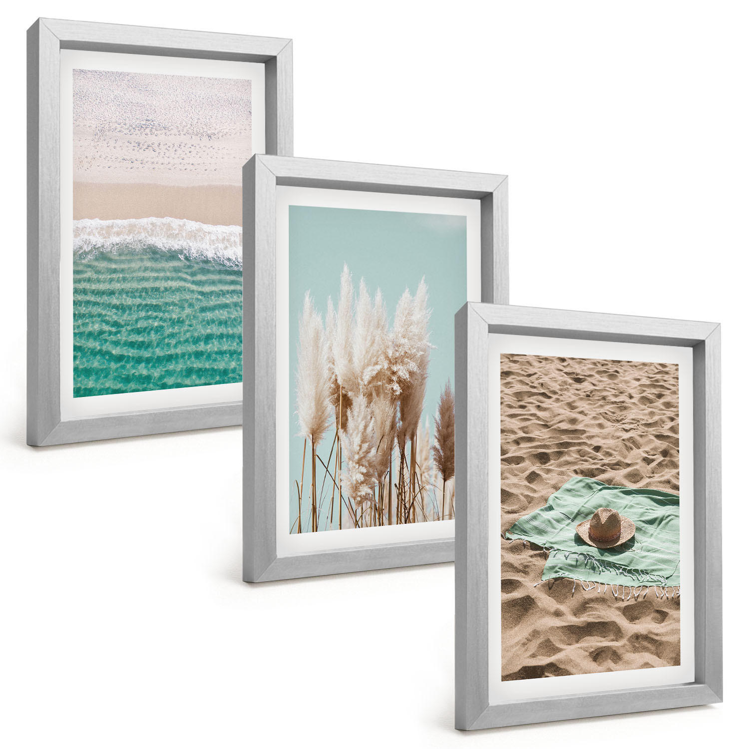 BILDER SET 3er Set - 20x30 cm Silberner Rahmen - Strandwellen Grashut - Silberfarben, Kunststoff (20/30cm) - TULUP