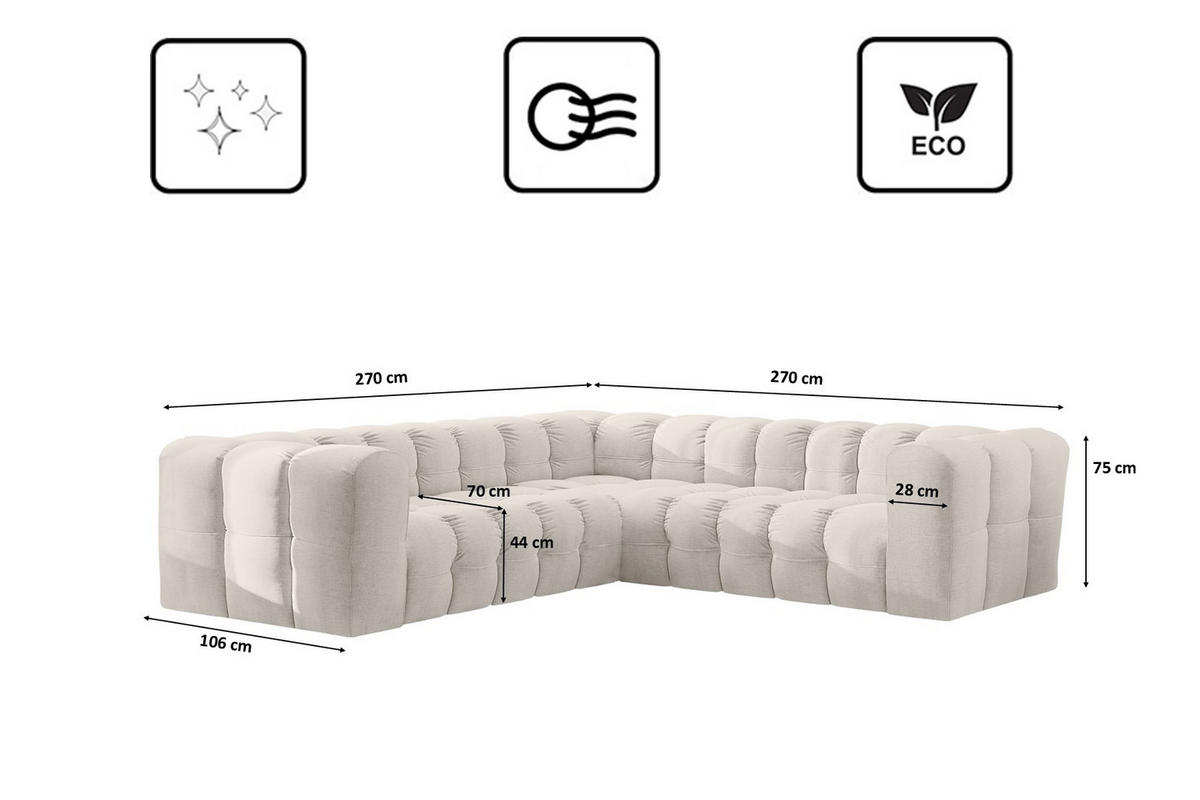 ECKSOFA Corner Mit Steppung BALOO, Chenille-Stoff Moly, Ecru - Ecru, Holz (270/270cm) - Kaiser Möbel