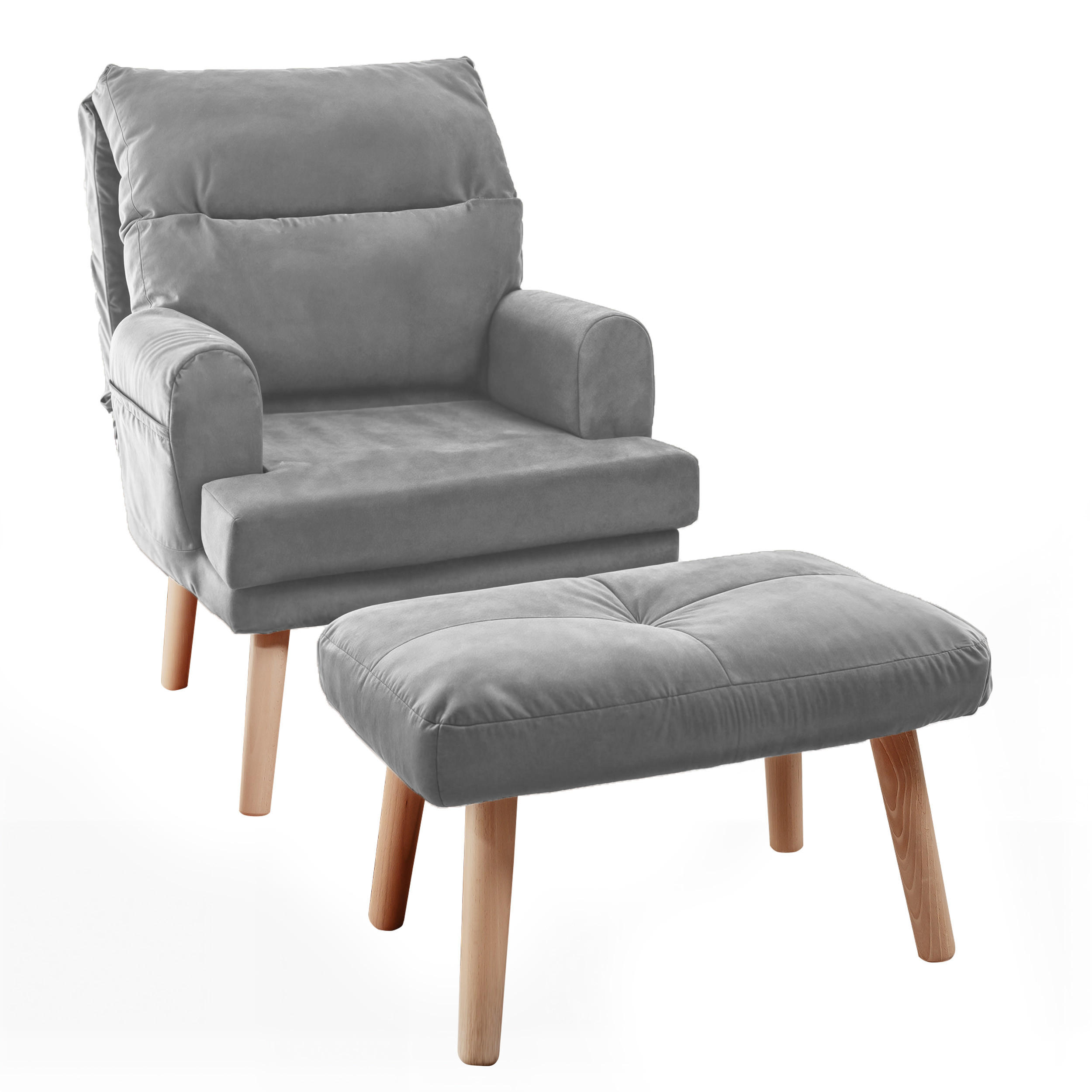 RELAXSESSEL NEMO mit Hocker und Holzfüßen - Grau, Holz (65/95/65cm) - Idohome