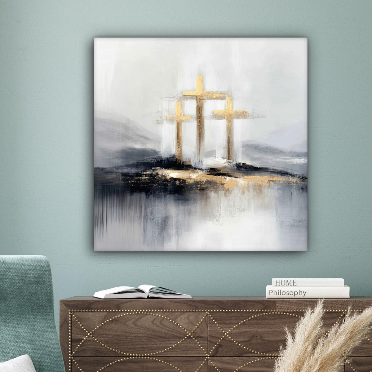 LEINWANDBILD Abstrakt - Malerei - Christentum - Kreuz Deko Groß 90x90 cm - Weiß, Textil (90/90cm) - MuchoWow