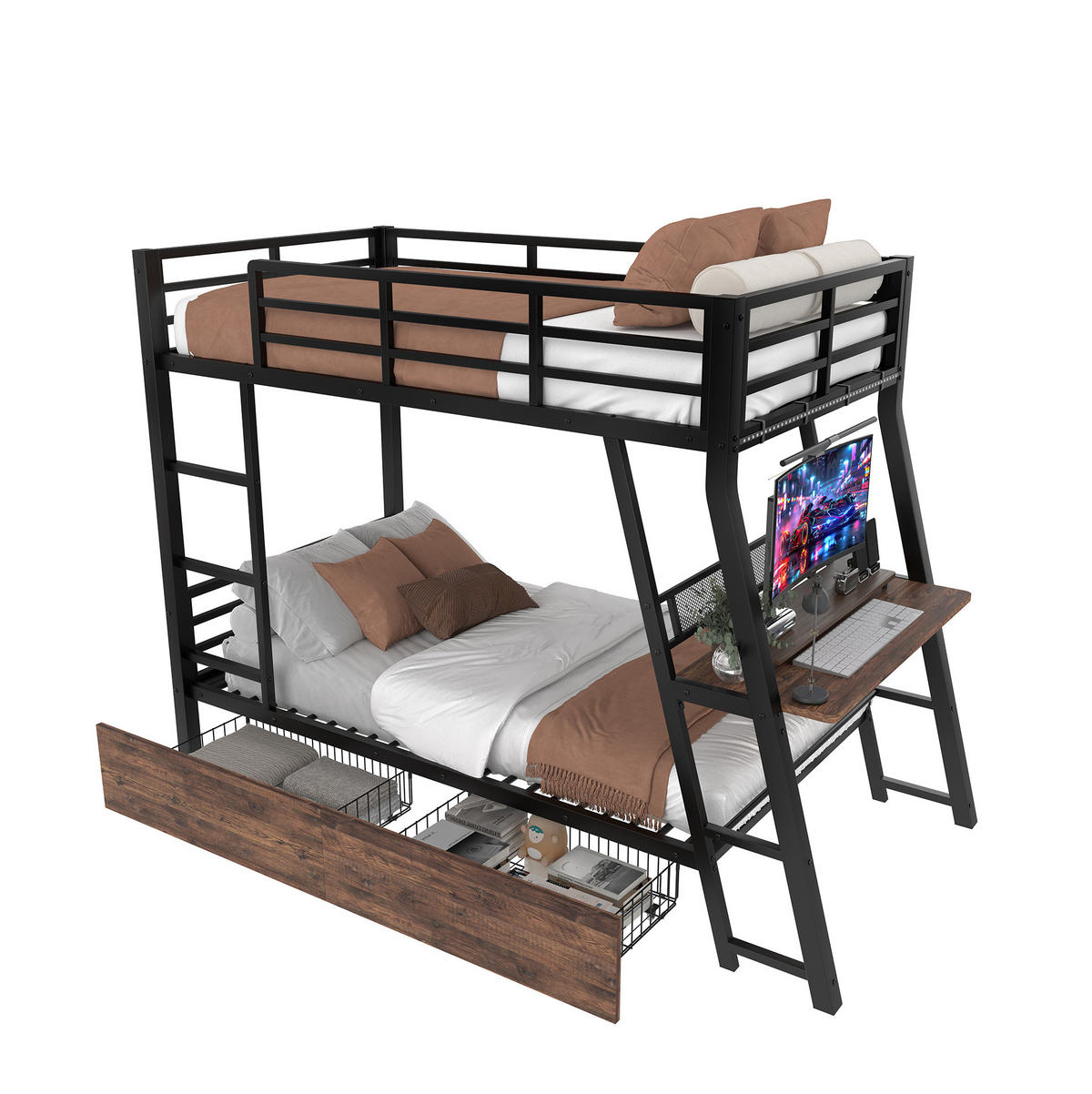 HOCHBETT 90/200 cm aus Metall mit Schreibtisch, 2 Schubladen und LED-Beleuchtung - Schwarz, Metall (90/200cm) - Flora Grace