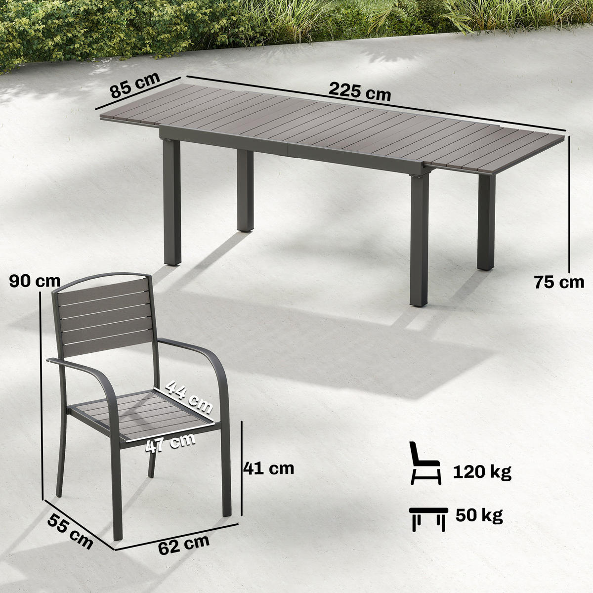 GARTENMÖBEL-SET Grau 225.0/85.0/75.0cm - Grau, Metall