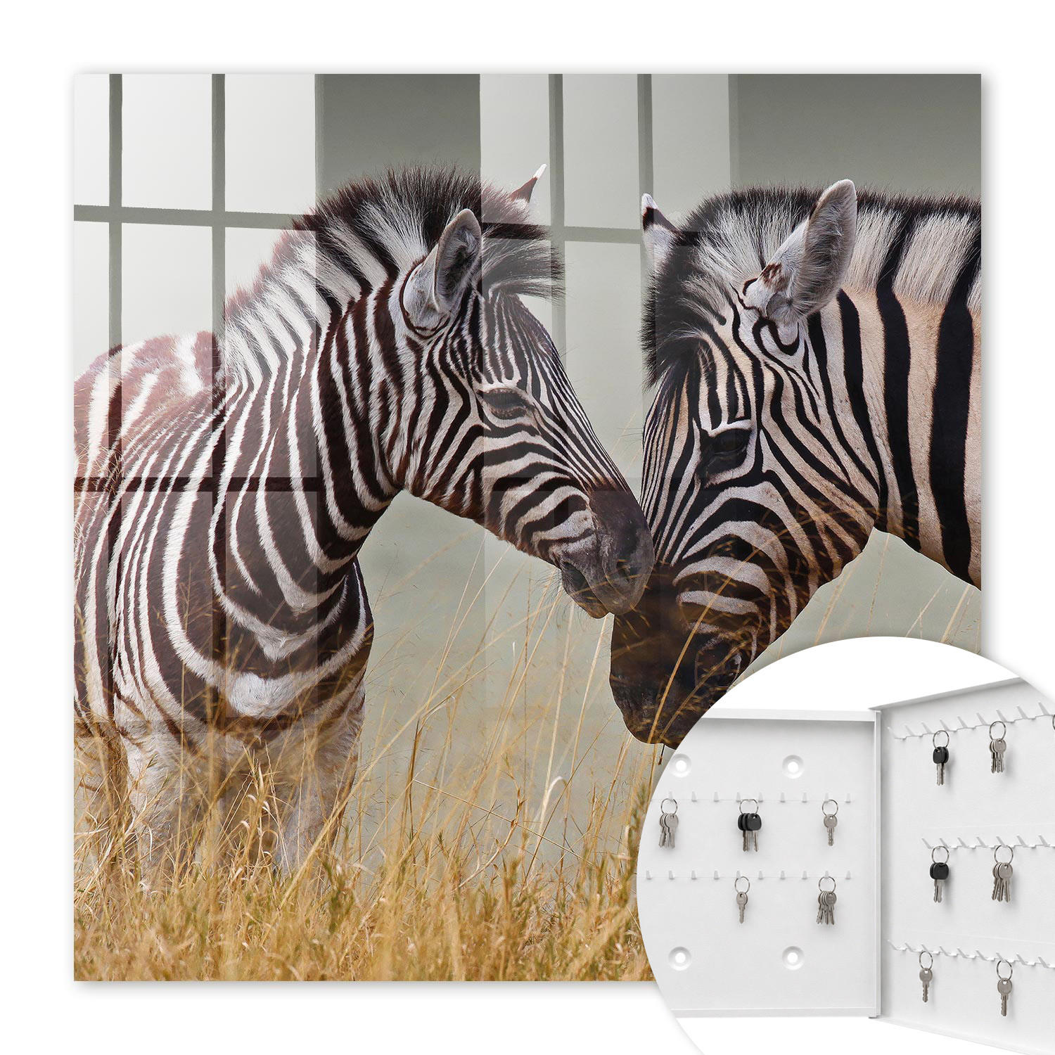SCHLÜSSELBOX Weiß 30x30 cm – Türöffnung nach rechts - Zebras zusammen - Multicolor, Metall (30/30/5cm) - TULUP