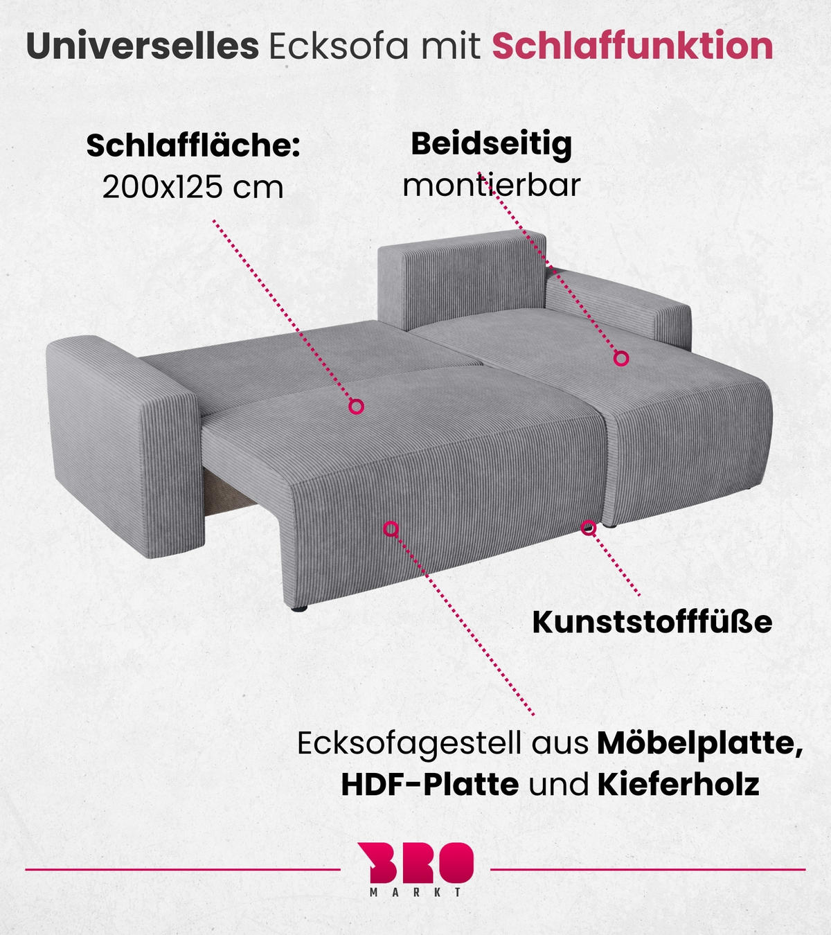 ECKSOFA PLUSH mit Schlaffunktion Grau Cord - Grau, Textil (240/145cm) - Bromarkt