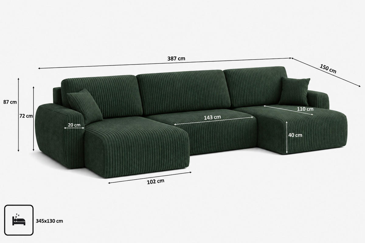 ECKSOFA Mit Schlaffunktion Und Bettkasten U-Form Ariel U XL, Cordstoff Poso, Grün - Grün, Holz (387/142cm) - Kaiser Möbel