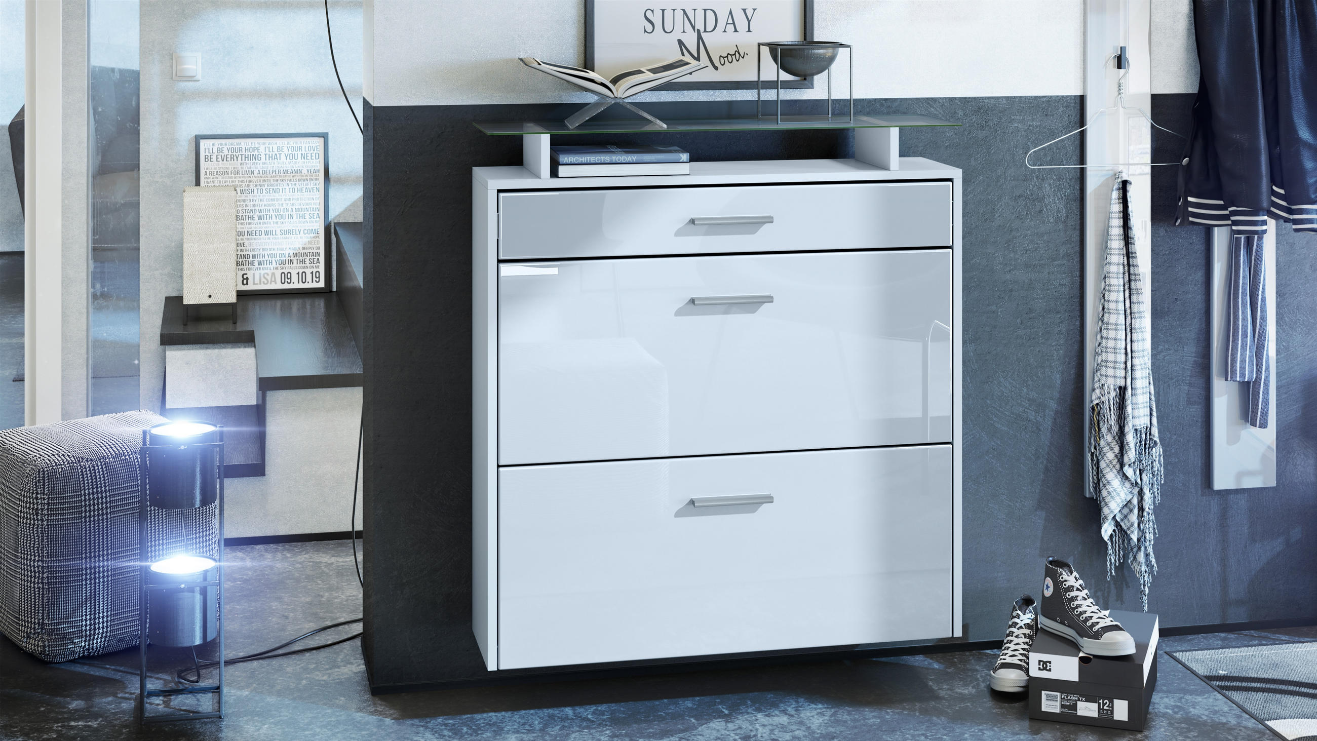 Thumbnail - Vladon Schuhschrank, Weiß Hochglanz, Holzwerkstoff, 89x96x23 cm, Garderobe, Schuhaufbewahrung, Schuhschränke