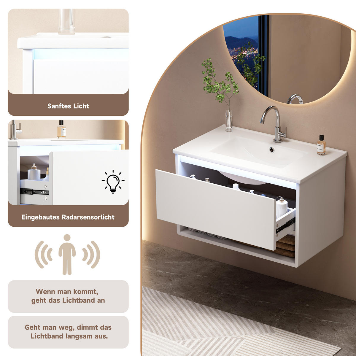 WASCHTISCHUNTERSCHRANK 76,5×46×45 cm, weiß, wandhängend, lackiert, mit LED-Bewegungssensor, 1 Schublade, offenem Fach, leisen Schienen, Waschbecken - Weiß, Holzwerkstoff (46/45/76cm) - Ej. Life