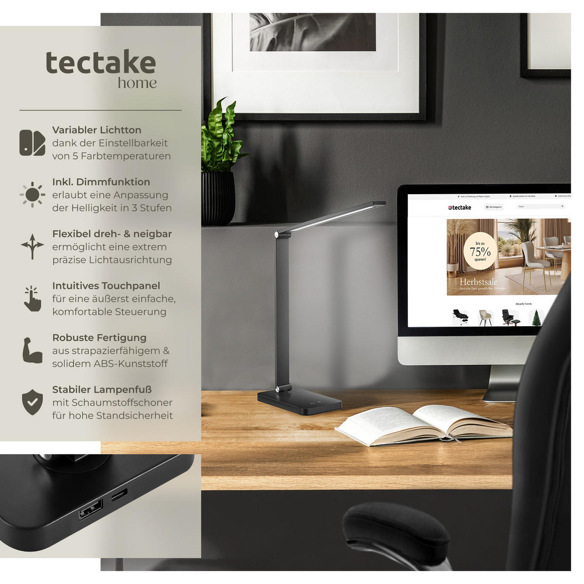 SCHREIBTISCHLAMPE Novaly,inklusive USB-Anschluss,schwarz - Schwarz, Kunststoff (33.5/11/37.5cm) - tectake
