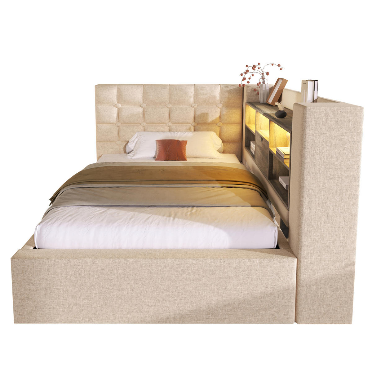 BETT mit Stauraum und LED 90x200 cm Leinen Beige - Beige, Metall (90/200cm) - Meubliv