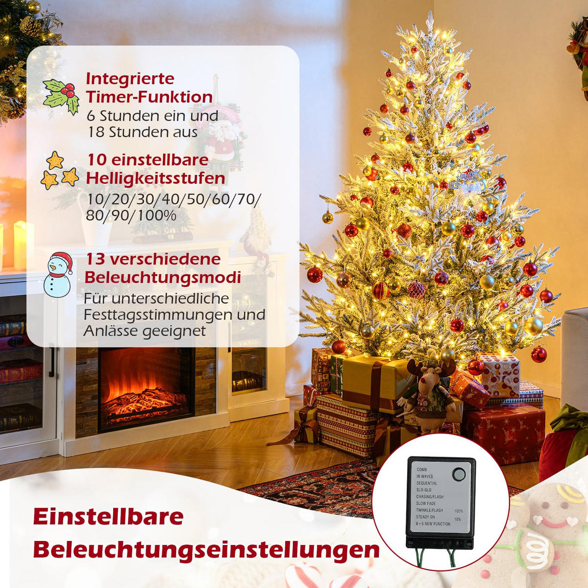 WEIHNACHTSBAUM mit 13 Modi Beleuchtung und Schnee 180 cm grün - Grün, Metall (180cm) - COSTWAY