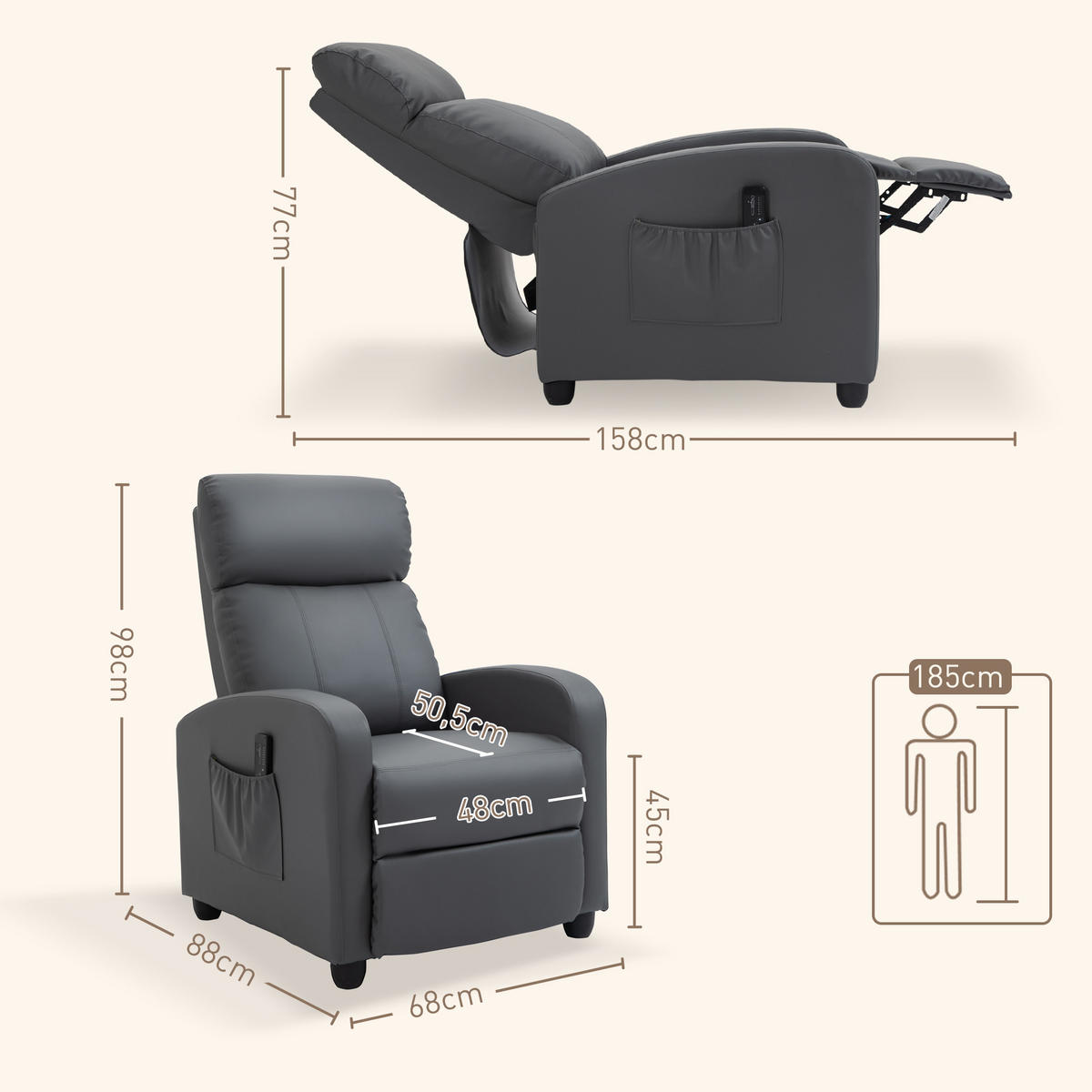 MASSAGESESSEL Kunstleder, Schaumstoff Grau - Schwarz/Grau, Kunststoff (88/98/68cm) - HOMCOM