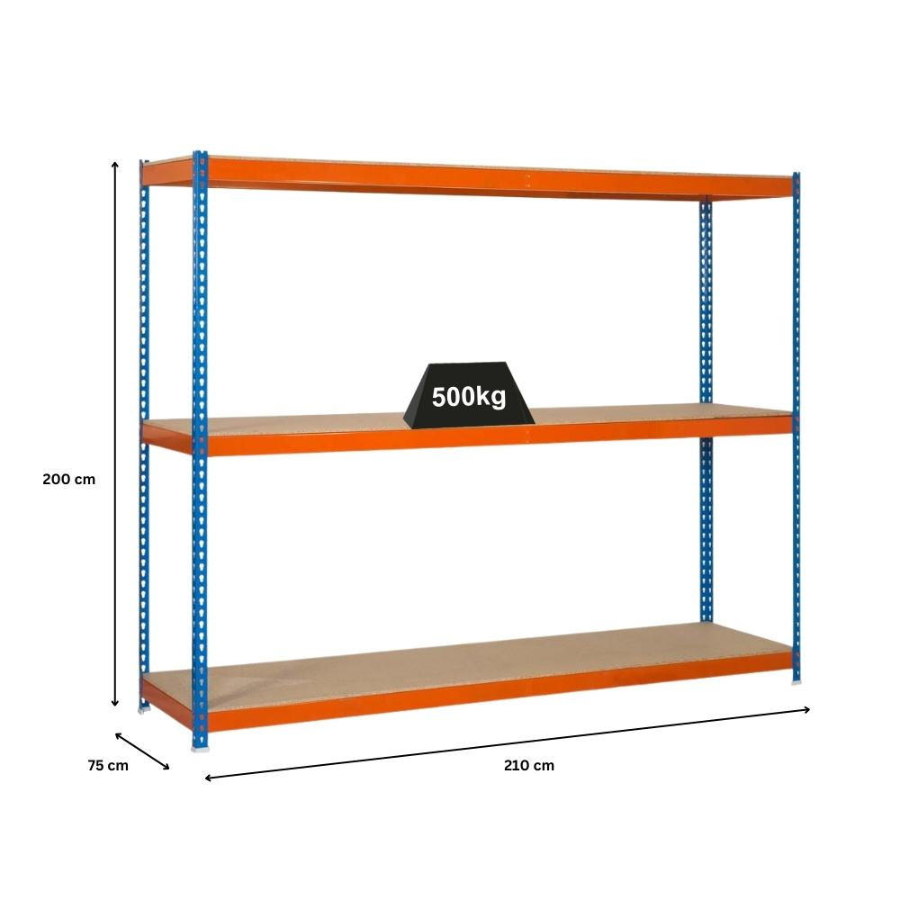 SCHWERLASTREGAL Wood Beast Three HxBxT 200 x 210 x 75 cm 3 Ebenen Fachlast 500 kg Blau-Orange - Gelb, Metall (210/200/75cm) - PROREGAL