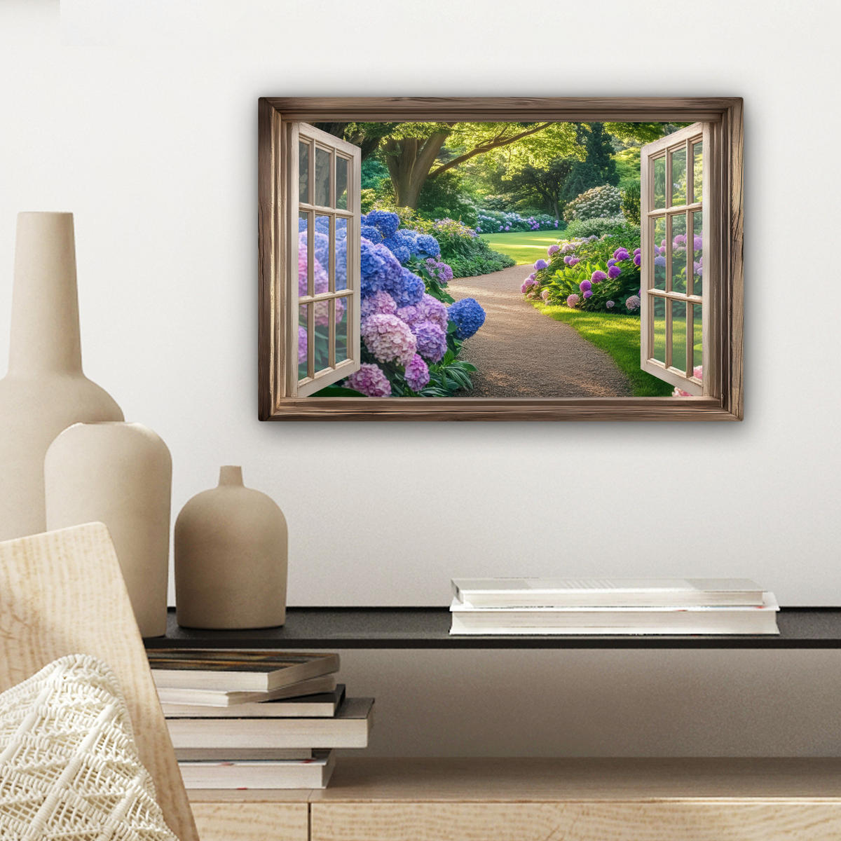 LEINWANDBILD Aussicht - Garten - Fenster - Hortensie - Blumen 30x20 cm - Pastellblau, Textil (30/20cm) - MuchoWow