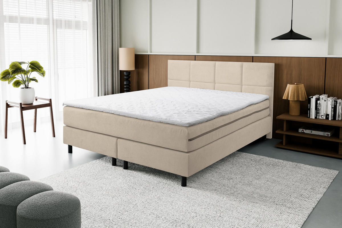 BOXSPRINGBETT Kansas, Polsterbett Maße: 140x200 cm, Farbe: Beige, Velourstoff, Doppelbett mit Bonell-Matratze H3 inkl. Topper - Beige, Holz/Kunststoff (140/200cm) - VENASI MÖBEL