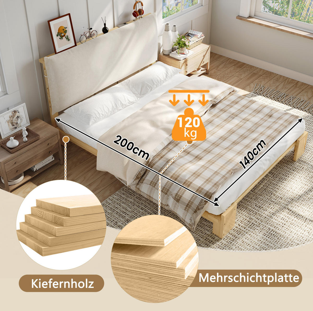 ČALÚNENÁ posteľ z dreva a látky 140x200 cm prírodná s polstrovaným čelom, pevnými lamelovými roštami a stabilnou konštrukciou - prírodná farba, textil (140/200cm) - Modfu
