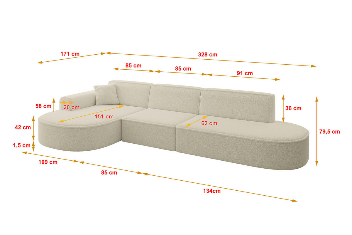 ECKSOFA Ottomane Links MARI-L2 - 328x171x79 cm Beige Bouclé - Beige/Schwarz, Holzwerkstoff/Kunststoff (165/321cm) - ALTDECOR