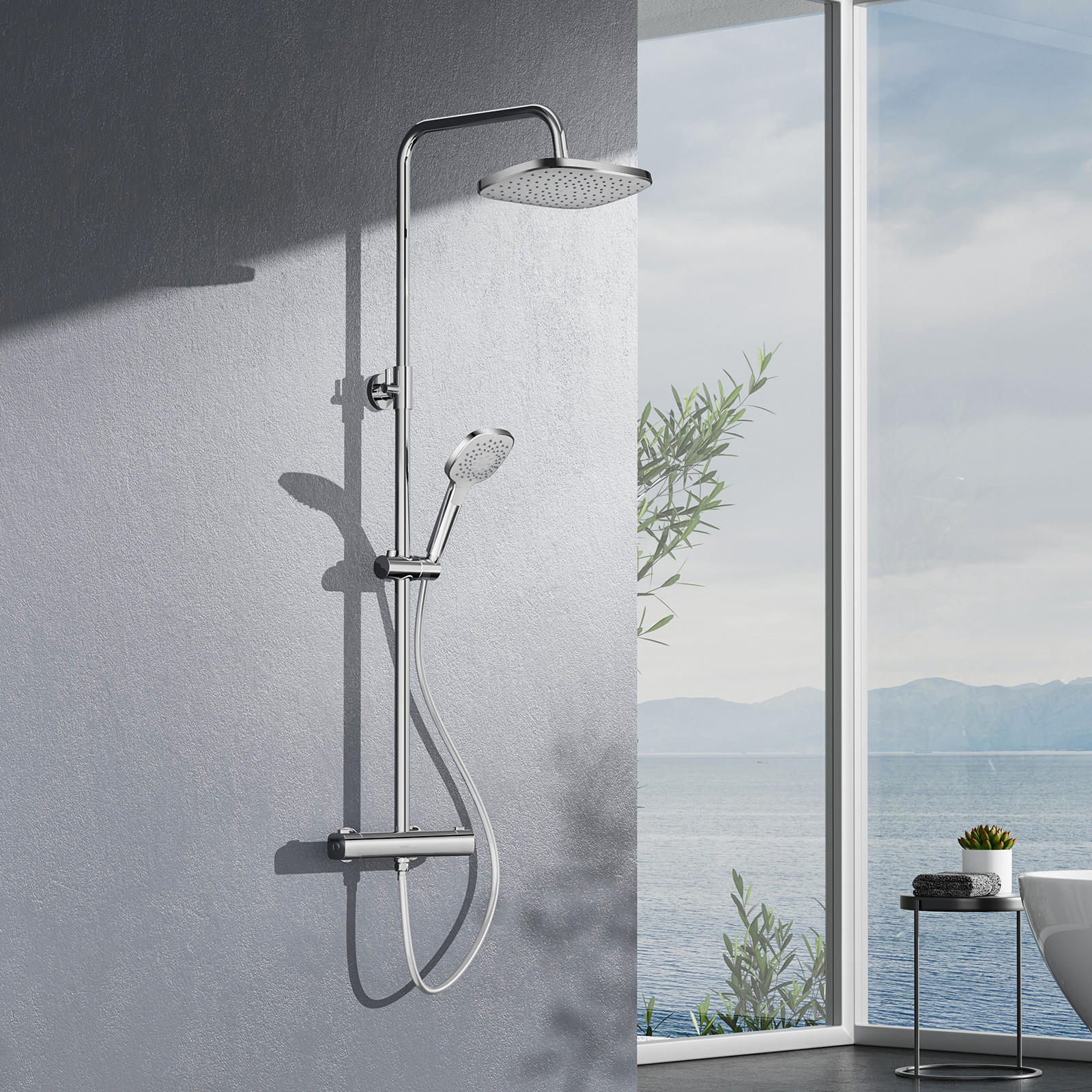 ÜBERKOPFBRAUSESET mit Handbrause Thermostat Chrom - Chromfarben, Metall (27/120/46.2cm) - EMKE