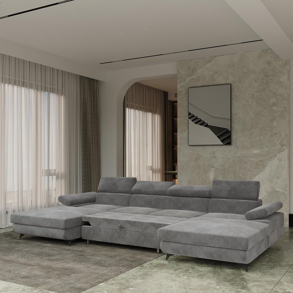 WOHNLANDSCHAFT DETTI Grau Velours-Stoff mit Schlaffunktion - Grau, Holz (339/89/190cm) - MASSENO