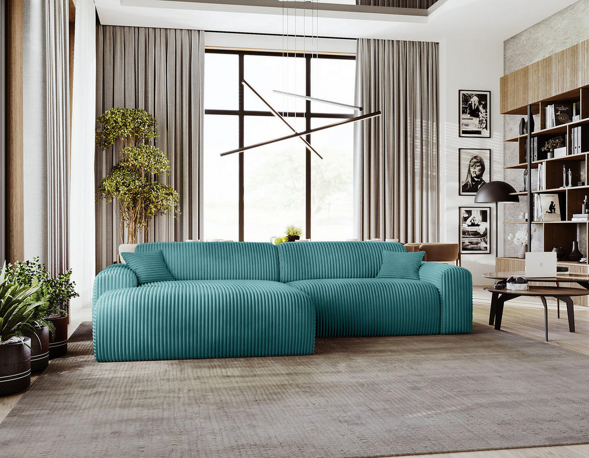 ECKSOFA mit Longchair - Cord - Türkis/Schwarz, Kunststoff/Textil (284/178cm) - home24