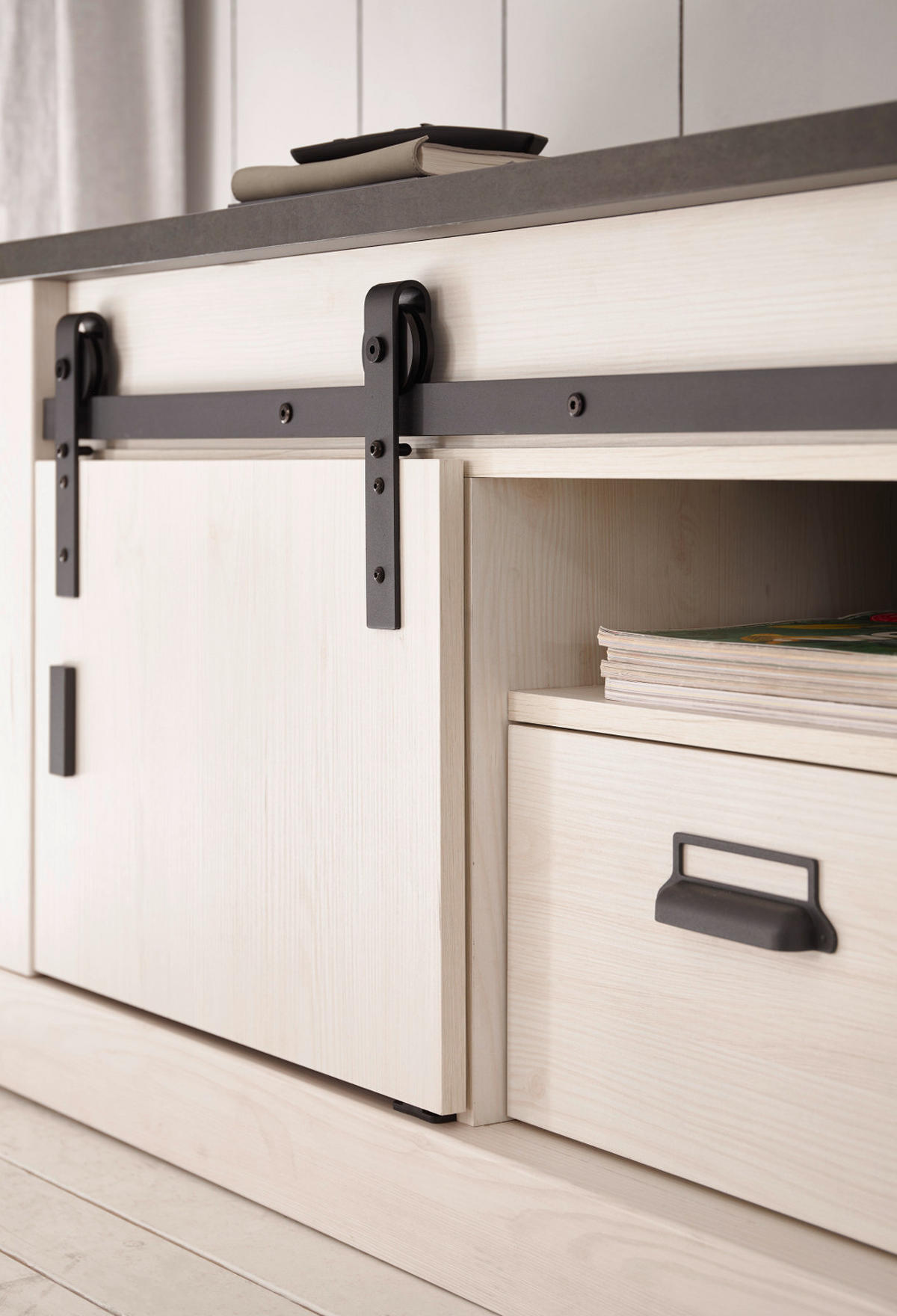 WOHNWAND weiß Pinie, anthrazit Landhaus, Wohnkombination 4-teilig 388 cm - Anthrazit/Weiß, Holzwerkstoff/Metall (388/201/43cm) - Furn.Design