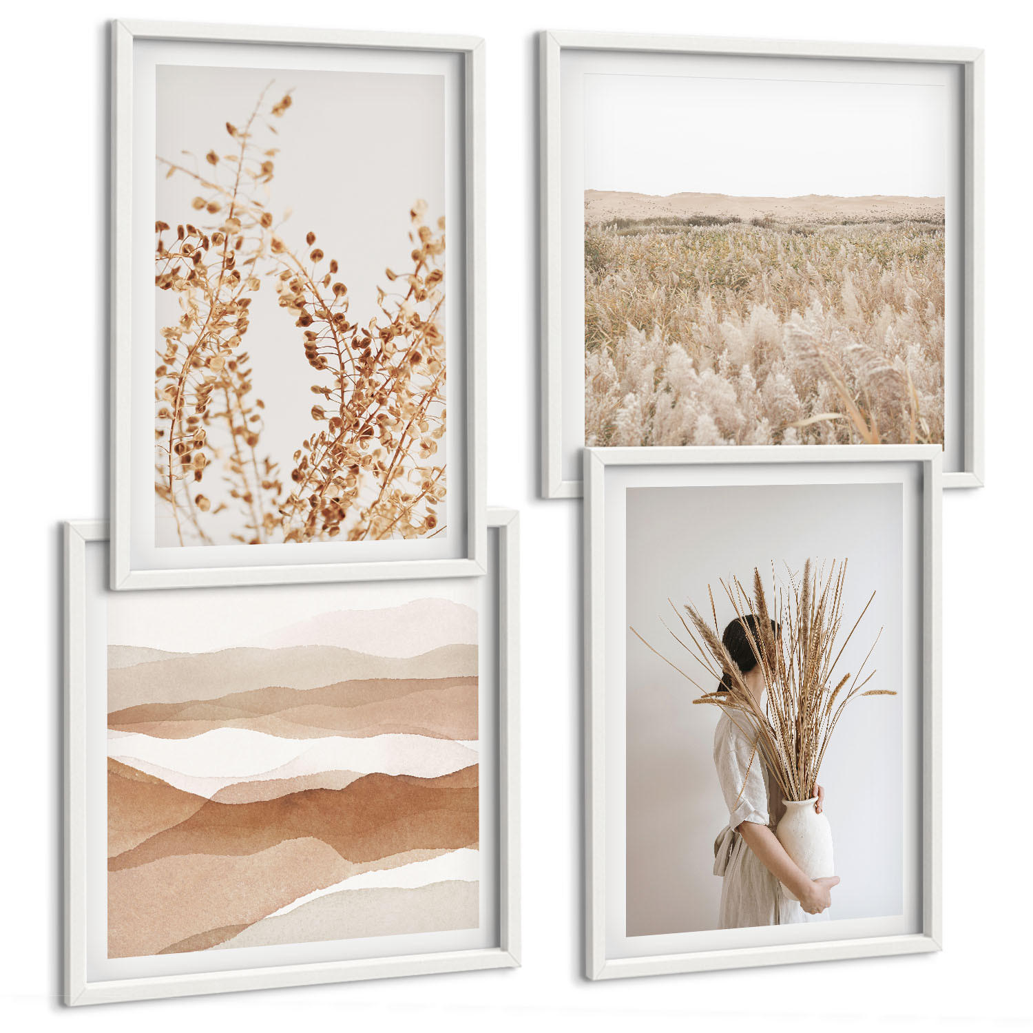 BILDER SET 4er Set - 50x50 cm & 40x60 cm Weißer Rahmen - Pflanzenmotive im Boho-Stil - Weiß, Kunststoff (50/50cm) - TULUP