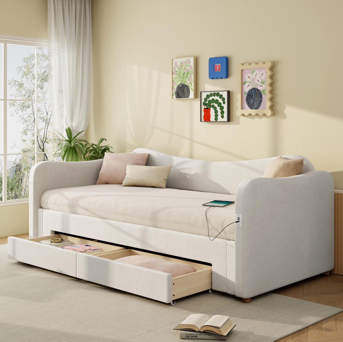 POLSTERBETT 90x200/180x200 cm Beige aus Samt mit Ausziehfunktion und USB - Beige, Holzwerkstoff (90/200cm) - OKWISH