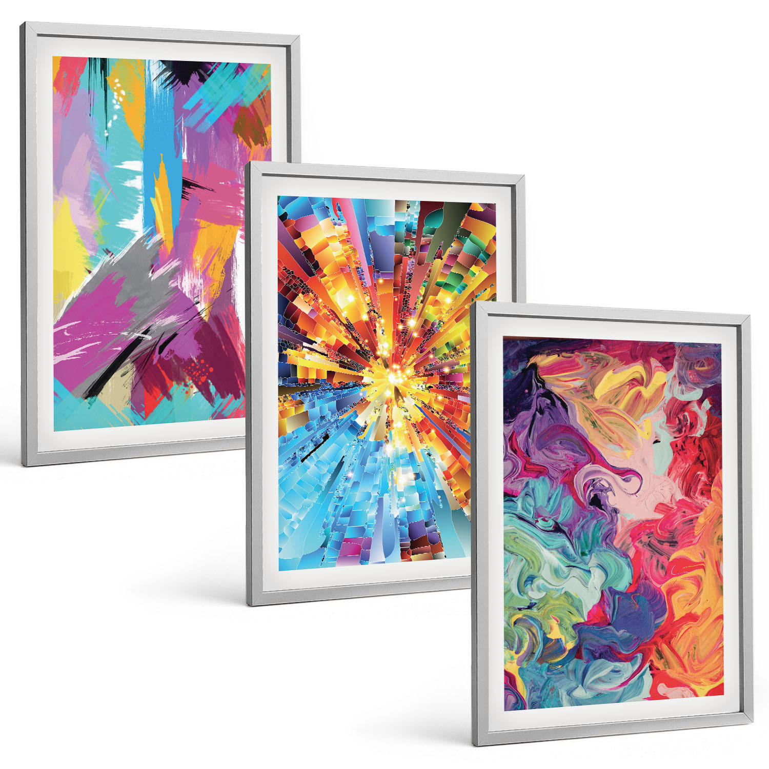 BILDER SET 3er Set - 40x60 cm Silberner Rahmen - Bunte abstrakte Farbmuster - Silberfarben, Kunststoff (40/60cm) - TULUP