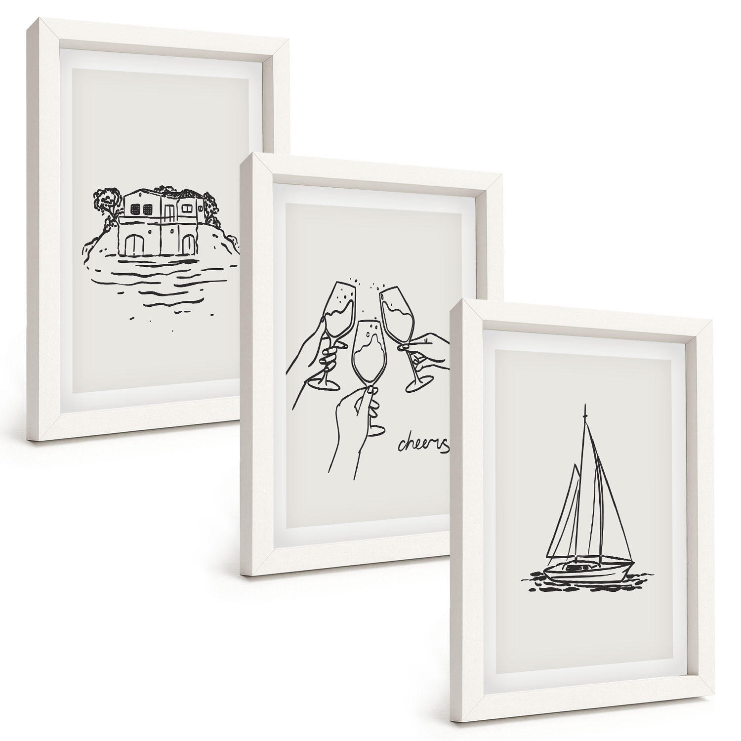 BILDER SET 3er Set - 20x30 cm Weißer Rahmen - Haus am Wasser, Segelboot-Toast - Weiß, Kunststoff (20/30cm) - TULUP