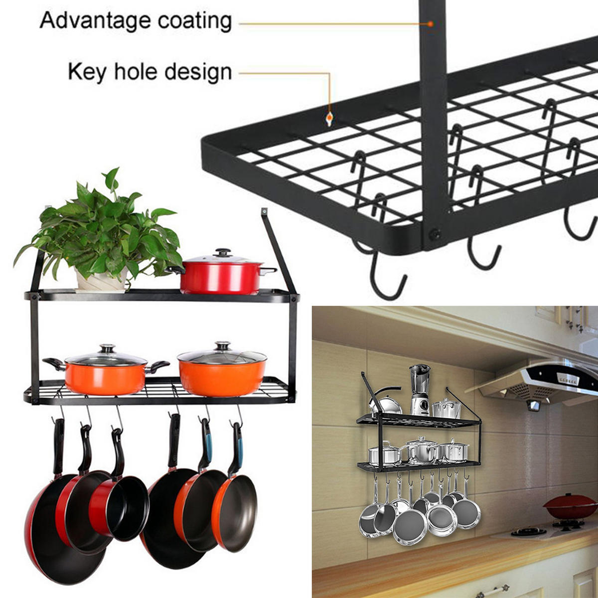 WANDREGAL 2-stöckig mit 10 Haken für Töpfe und Pfannen schwarz 74,9/34,8/58,9 cm - Schwarz, Metall (30/75/35cm) - Livingandhome