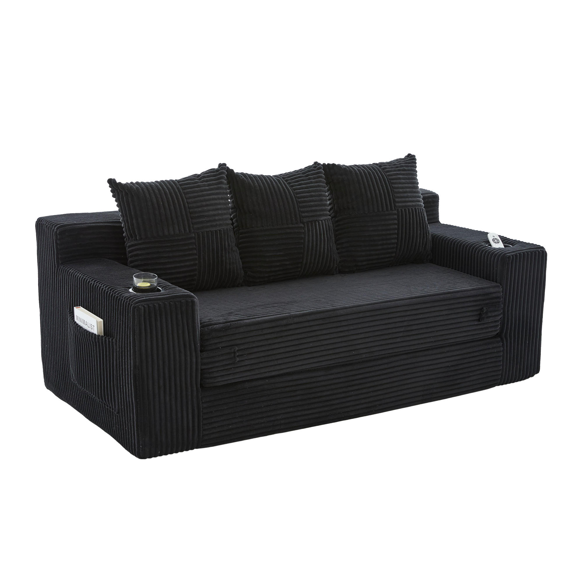 SCHLAFSOFA Modular mit Getränkehaltern und Seitentaschen, DE-42913, Schwarz - Schwarz, Textil (172/64/87cm) - ComfortXL