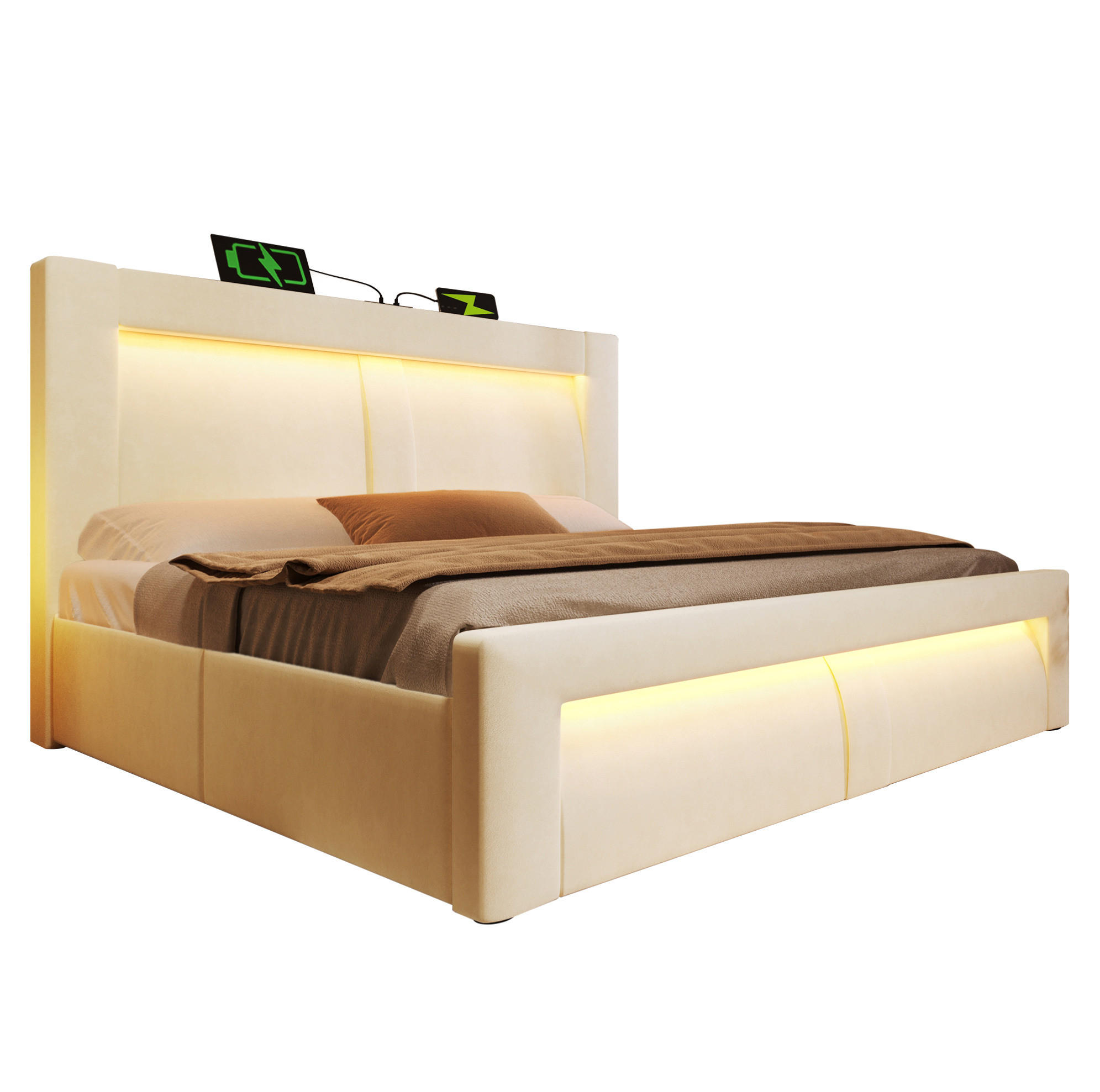 BETT mit Stauraum 140x200 cm Samt Beige mit LED - Beige, Metall (140/200cm) - Meubliv