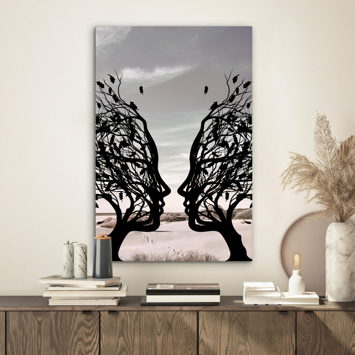 METALLBILD Strand - Meer - Menschen - Baum - Moderne Kunst 40x60 cm - Hellgrau, Metall (40/60cm) - MuchoWow