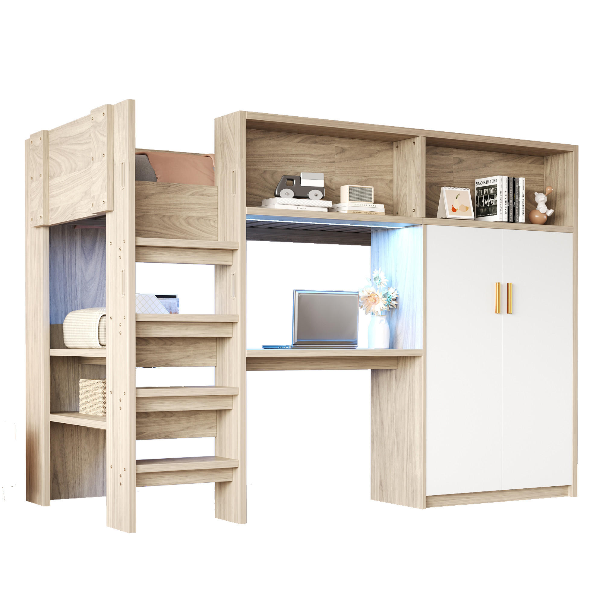 HOCHBETT 90x200 Holz Schreibtisch Schrank LED - Naturfarben, Holzwerkstoff (90/200cm) - FLIEKS