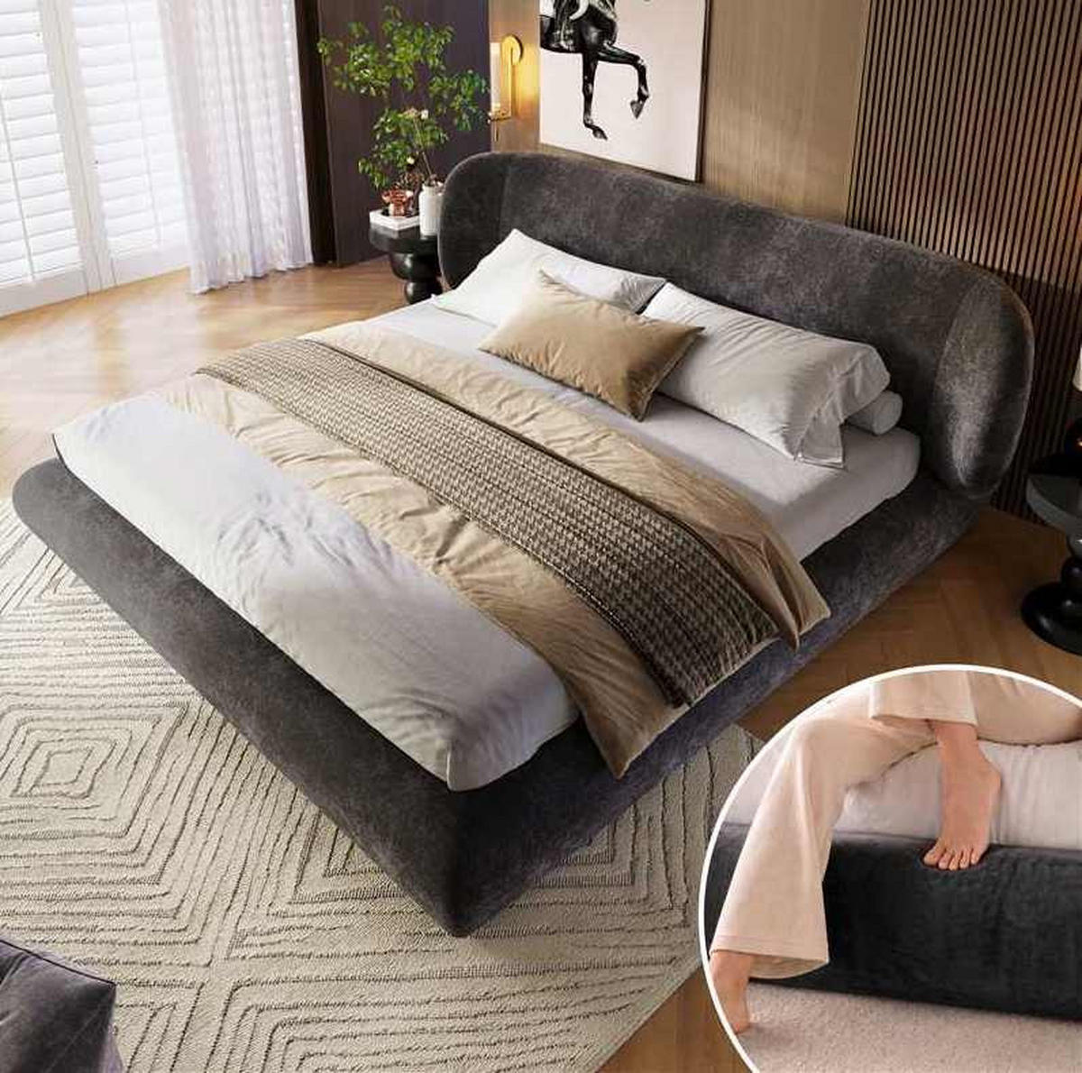 POLSTERBETT aus Chenille 180x200 cm Grau mit Lattenrost und gepolstertem Kopfteil - Grau, Textil (180/200cm) - Modfu