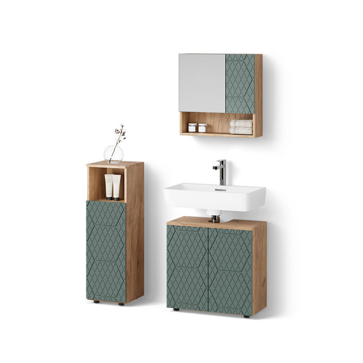 BADMÖBEL-SET Ronco Grün/Goldkraft Eiche 3 Teile - Honigeiche/Grün, Holzwerkstoff (60/59/30cm) - Livinity®