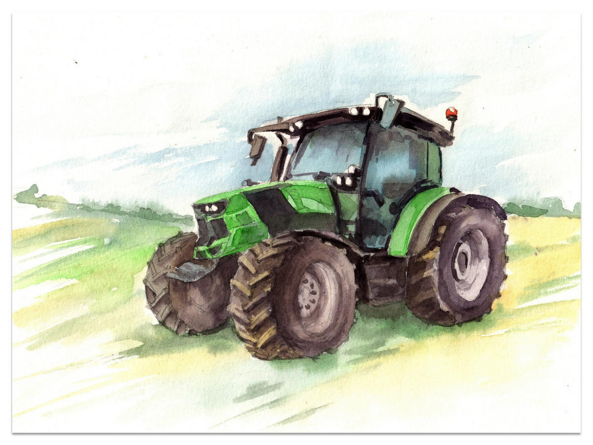FOTOTAPETA Pre Detskú Izbu Akvarel Zelený Traktor Pole 350 x 256 cm - hnedá/čierna, papier (350/256cm) - Muralo