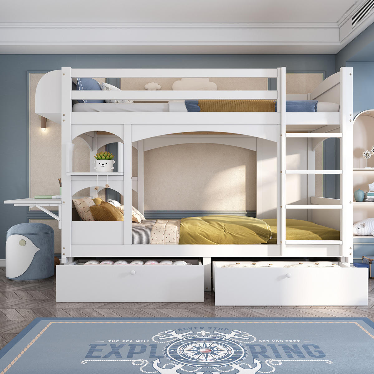 ETAGENBETT 90/200 cm Weiß mit klappbarem Schreibtisch und 2 Schubladen - Weiß, Holz (90/200cm) - OKWISH
