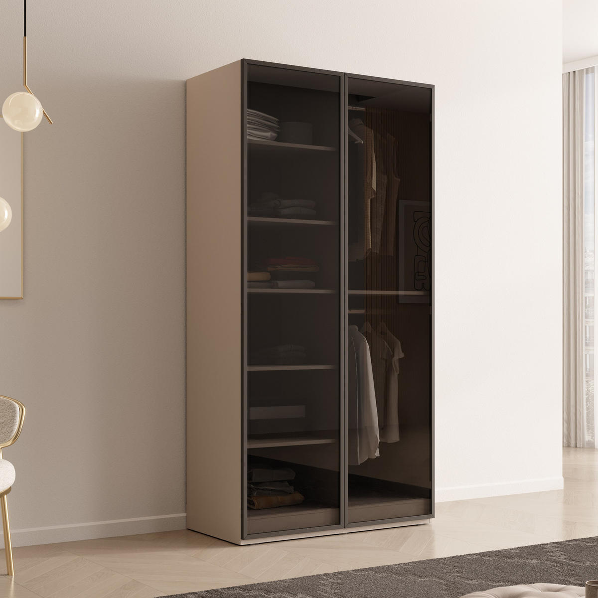 KLEIDERSCHRANK ZEN (Modular, Cashmere Matt, Getöntes Glas Antisol, 2-türig) - Kaschmir/Schwarz, Holz/Holzwerkstoff (101/200/51cm) - Ravio