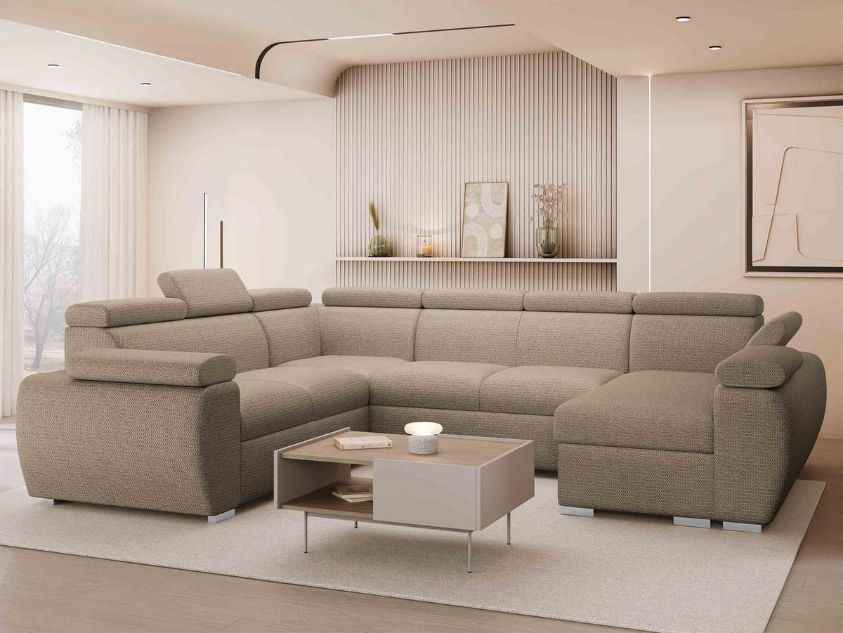 WOHNLANDSCHAFT Boston U, Seite: Rechts - 2R+R+2P+LC - Chromfarben/Beige, Holz/Textil (325/98/260cm) - MIRJAN24