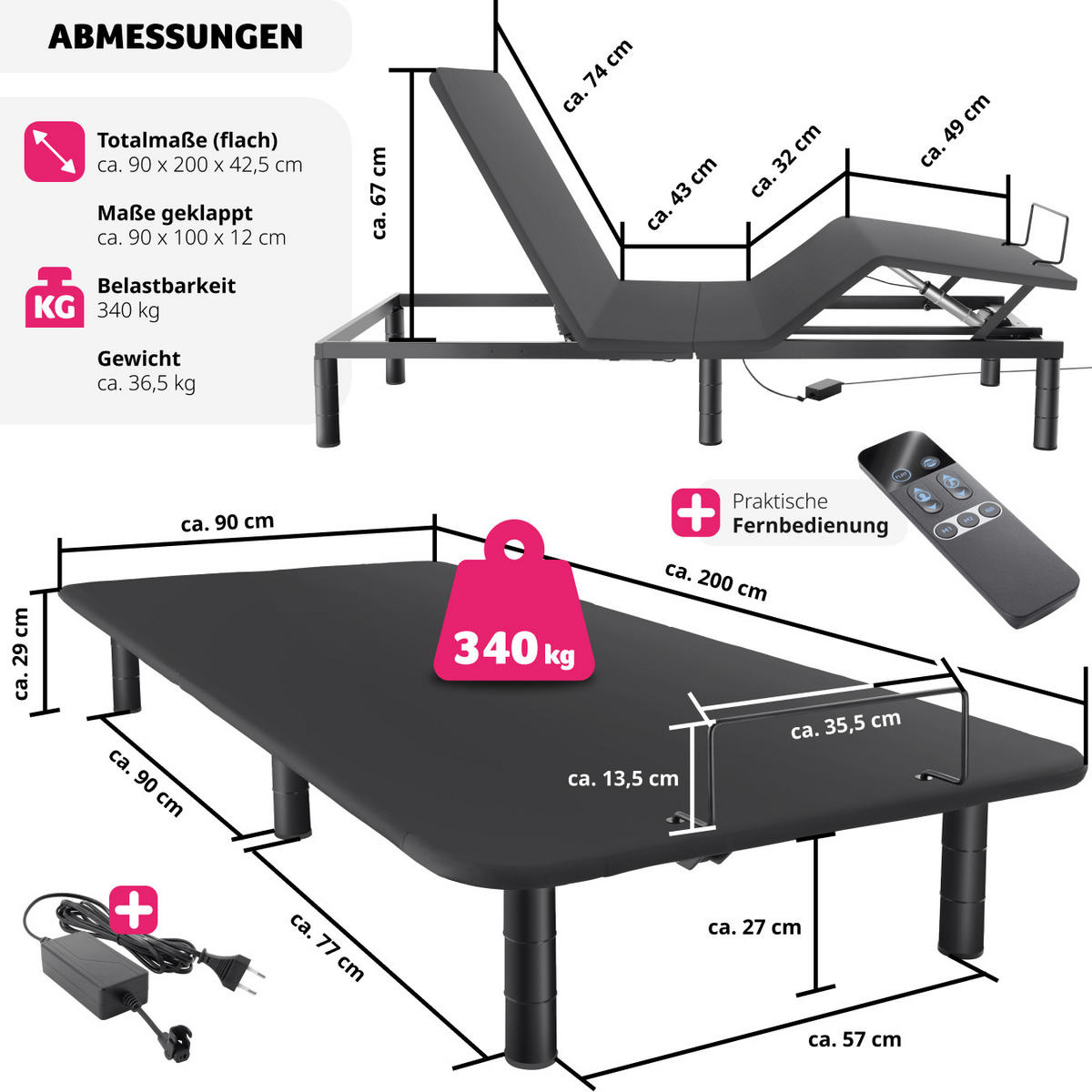 BETTGESTELL mit elektrisch verstellbarem Lattenrost Easy Flex,Polyesterbezug, 90 x 200 x 42,5 cm,anthrazit/schwarz - Anthrazit/Schwarz, Textil - tectake