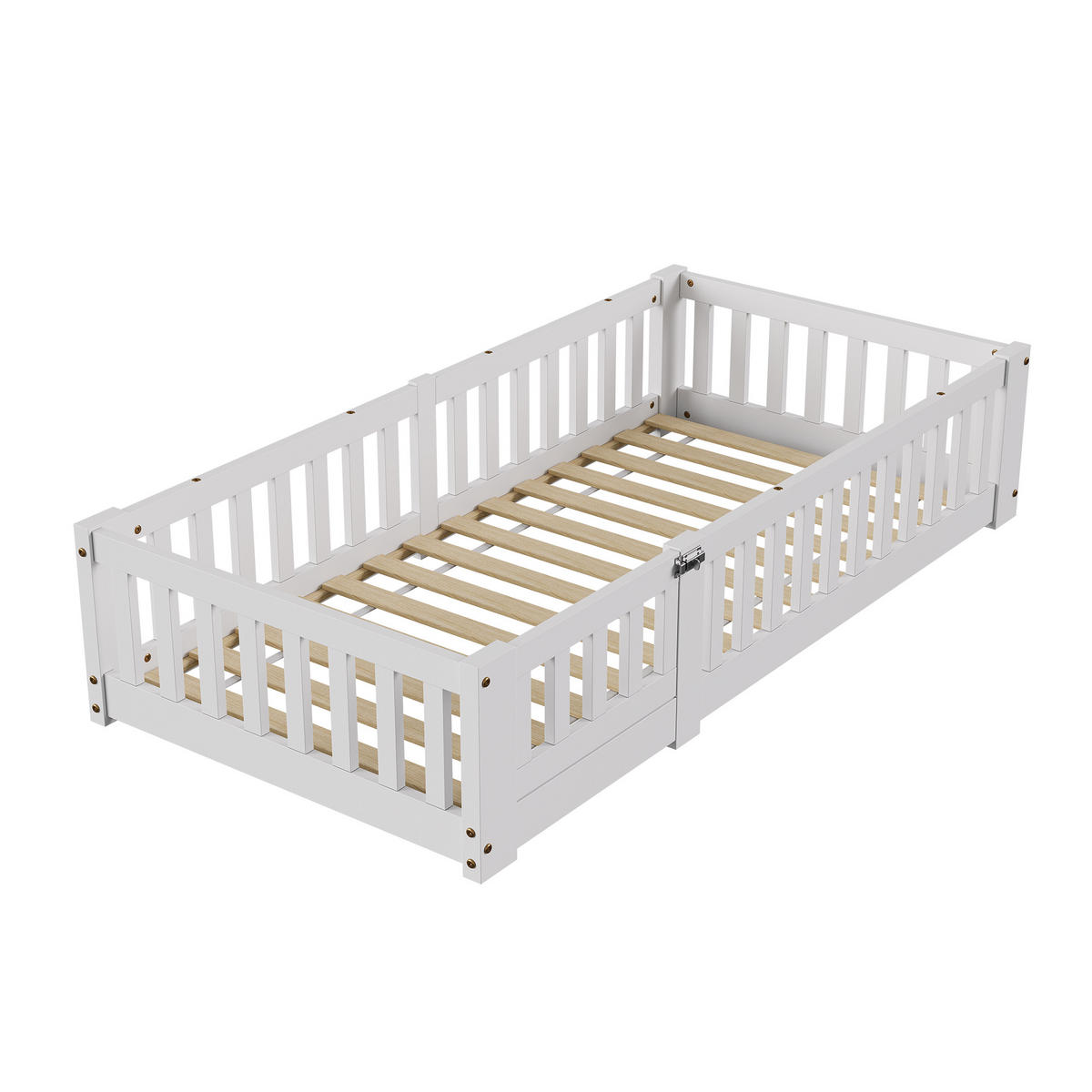 KINDERBETT 90x190 Bodenbett mit Rausfallschutz, Montessori Bett aus Massivholz - Weiß, Holz/Metall (80/160cm) - PARAFTA HOME