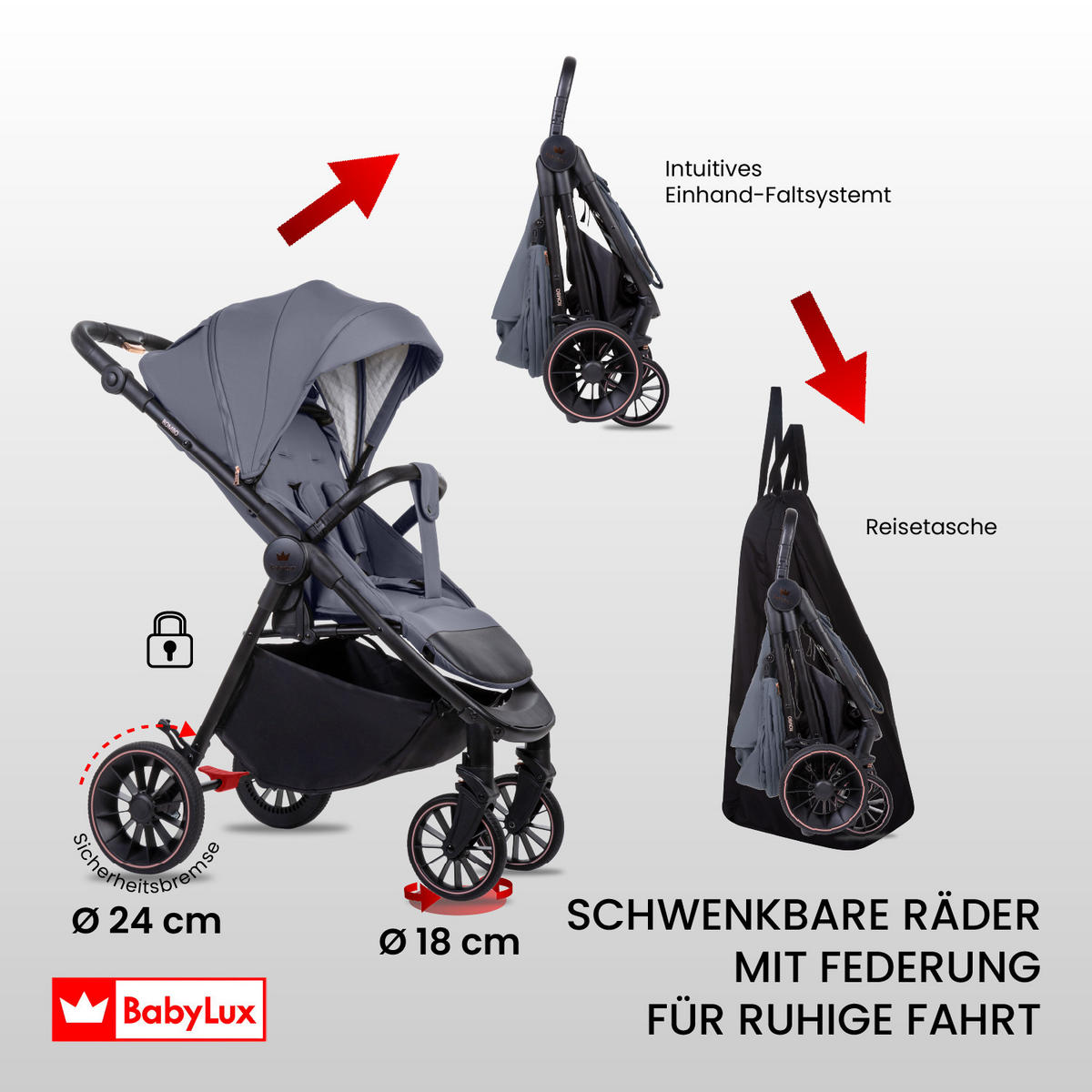 BUGGY Rombo, Klein und Leicht, Teleskopische Führung, Kompakt Faltbar, Wickeltasche, Reisetasche - Schwarz/Grau, Textil/Metall (58/98cm) - BabyLux