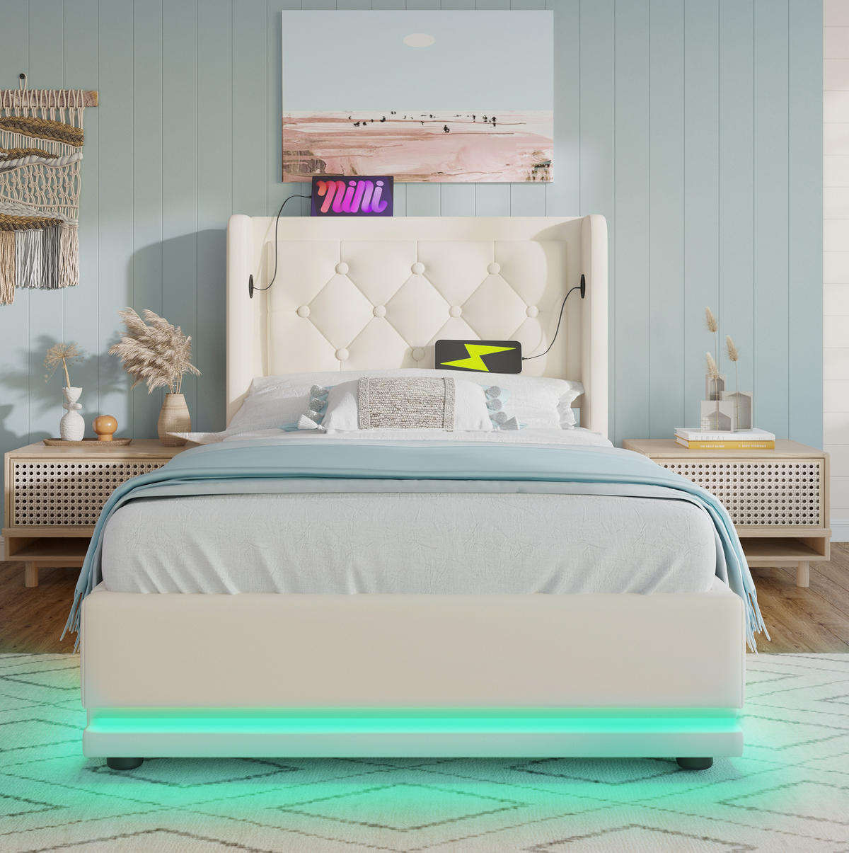 BETT mit Stauraum 90x200 cm PU Weiß mit Matratze, LED und USB-C - Weiß, Metall (90/200cm) - Meubliv