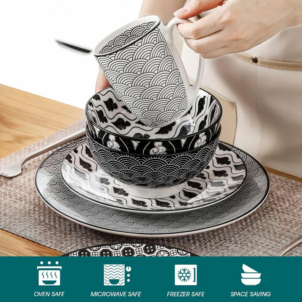 KOMBISERVICE 16-teiliges Set Schwarz + Creme - Multicolor, Keramik (26.5/1/26.5cm)