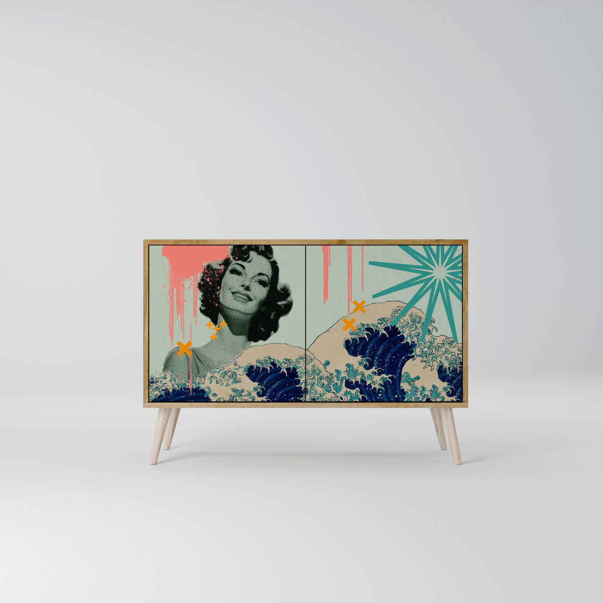 SIDEBOARD KANAGAWA BEAUTY, Graue Oberfläche, 111x42x57,5 cm, 2 Türen - Grau, Holzwerkstoff (111/57.5/42cm) - SpaceRebels