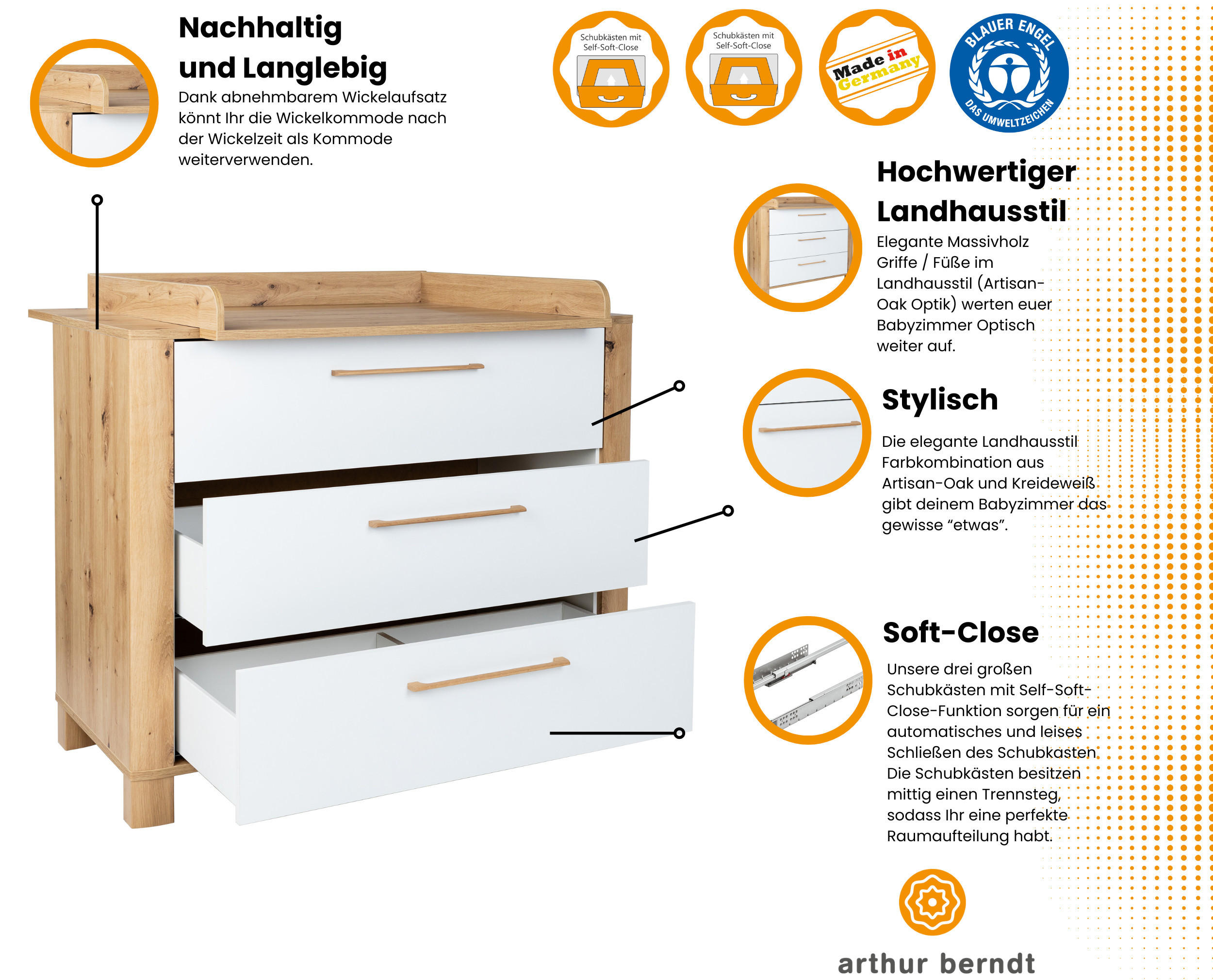Thumbnail - arthur berndt Babyzimmer, Weiß, Eiche Artisan, Holzwerkstoff, 3 Schubladen, 1x1x1 cm, Blauer Engel, Hergestellt in Deuts...