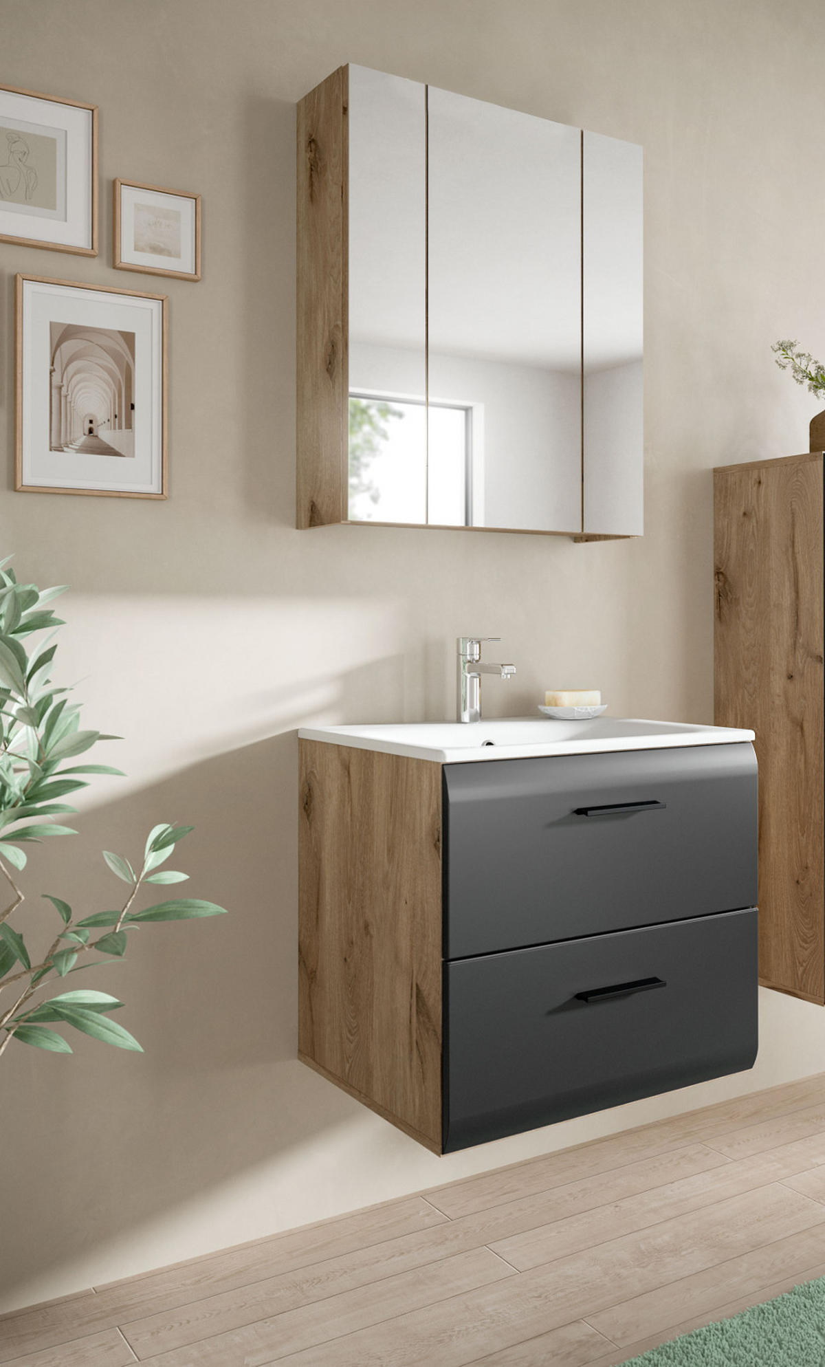 BADMÖBEL Set 2-teilig in schwarz matt und Nox Eiche Badkombination 60 x 185 cm Cover - Eichefarben/Schwarz, Glas/Holz (60/185/46cm) - Inn.Furn